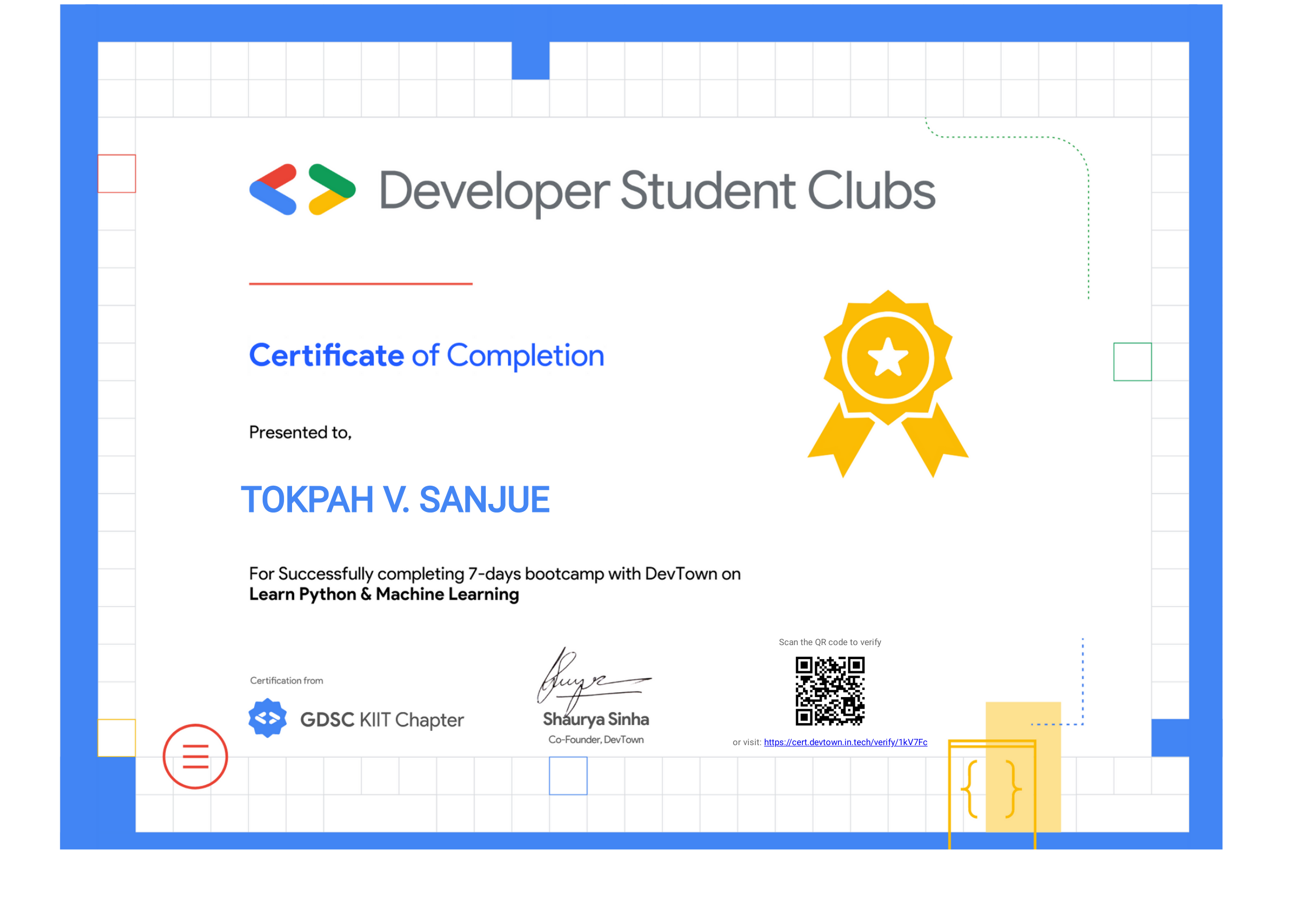 Certificates | Tokpah V. Sanjue